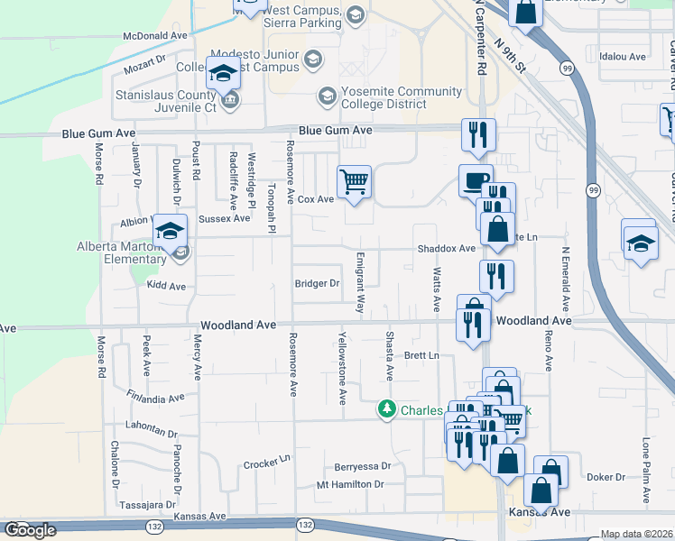 map of restaurants, bars, coffee shops, grocery stores, and more near 1405 Shoshone Place in Modesto