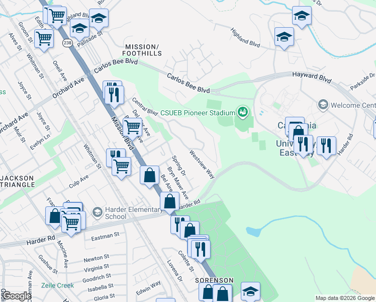 map of restaurants, bars, coffee shops, grocery stores, and more near 25837 Westview Way in Hayward