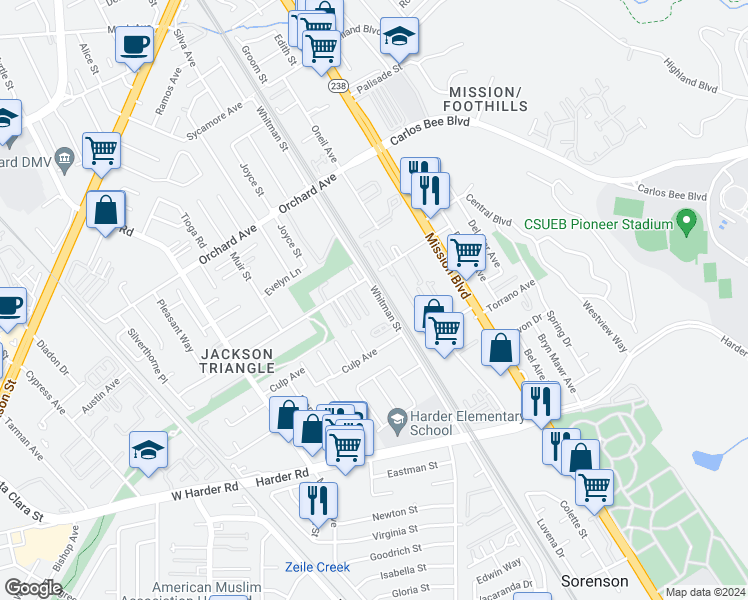 map of restaurants, bars, coffee shops, grocery stores, and more near 25455 Whitman Street in Hayward