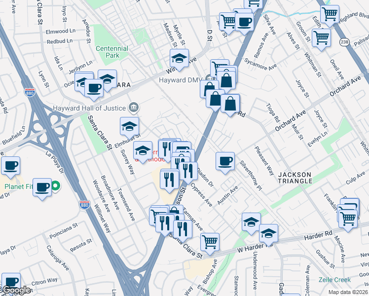 map of restaurants, bars, coffee shops, grocery stores, and more near 102 Diadon Drive in Hayward
