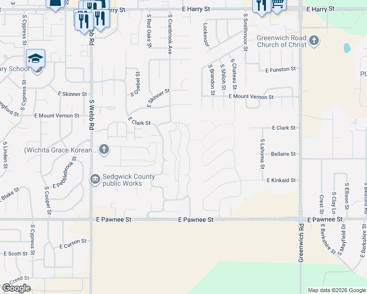 map of restaurants, bars, coffee shops, grocery stores, and more near 2201 South Cranbrook Street in Wichita