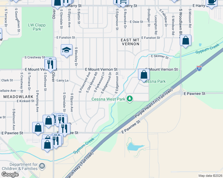 map of restaurants, bars, coffee shops, grocery stores, and more near 5536 Gramar Street in Wichita