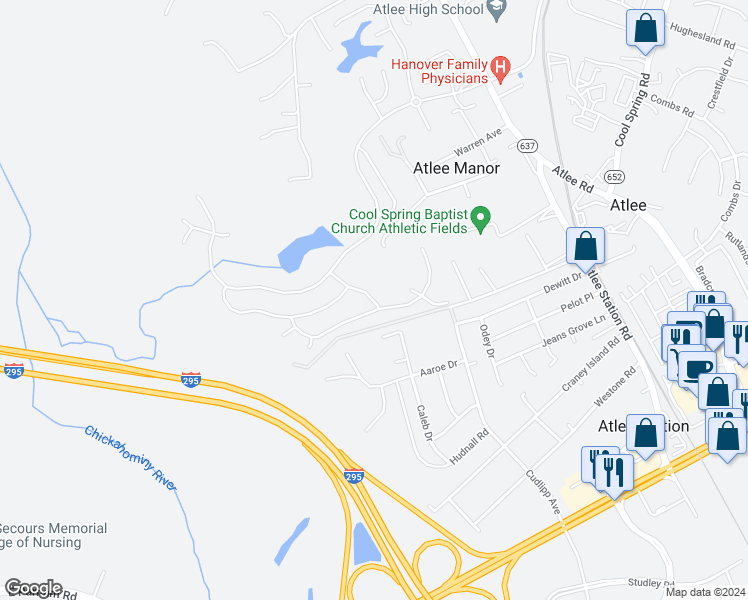 map of restaurants, bars, coffee shops, grocery stores, and more near 9128 Hunters Crest Lane in Mechanicsville