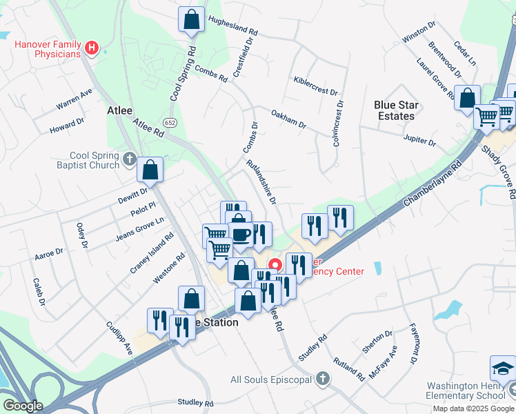 map of restaurants, bars, coffee shops, grocery stores, and more near 8051 Belton Circle in Mechanicsville