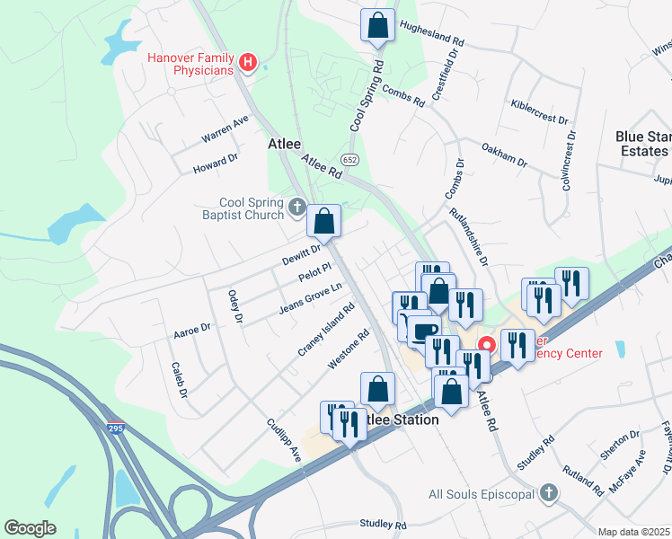 map of restaurants, bars, coffee shops, grocery stores, and more near 9023 Pelot Place in Mechanicsville