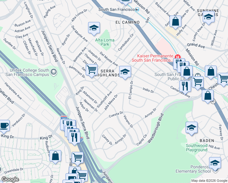 map of restaurants, bars, coffee shops, grocery stores, and more near 219 Alta Mesa Drive in South San Francisco