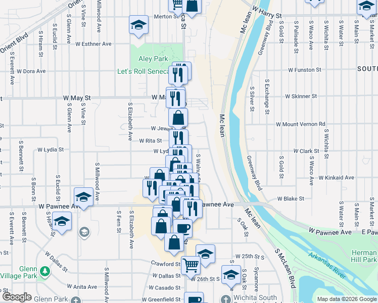 map of restaurants, bars, coffee shops, grocery stores, and more near 2217 S Seneca St in Wichita