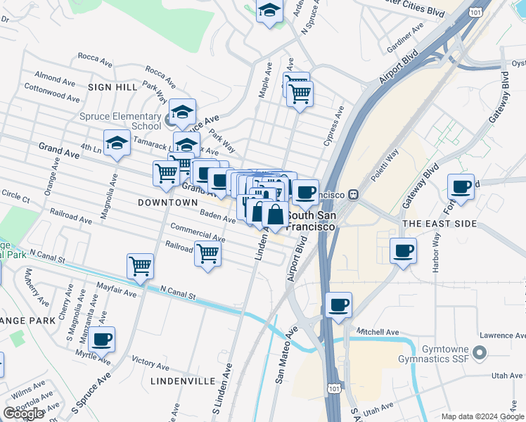 map of restaurants, bars, coffee shops, grocery stores, and more near 317 Grand Avenue in South San Francisco
