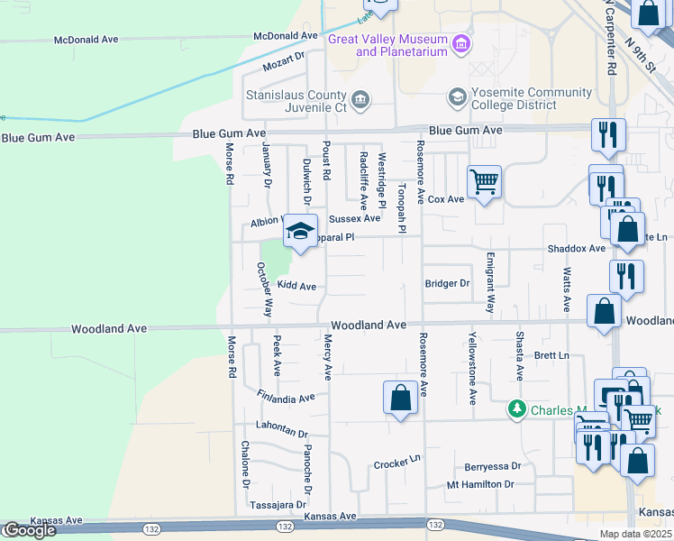 map of restaurants, bars, coffee shops, grocery stores, and more near 2425 Becker Court in Modesto