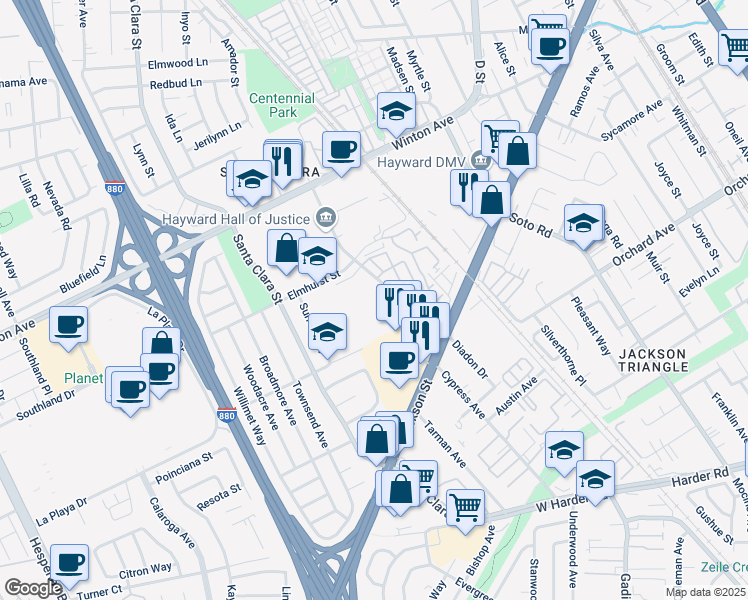 map of restaurants, bars, coffee shops, grocery stores, and more near 24607 Amador Street in Hayward