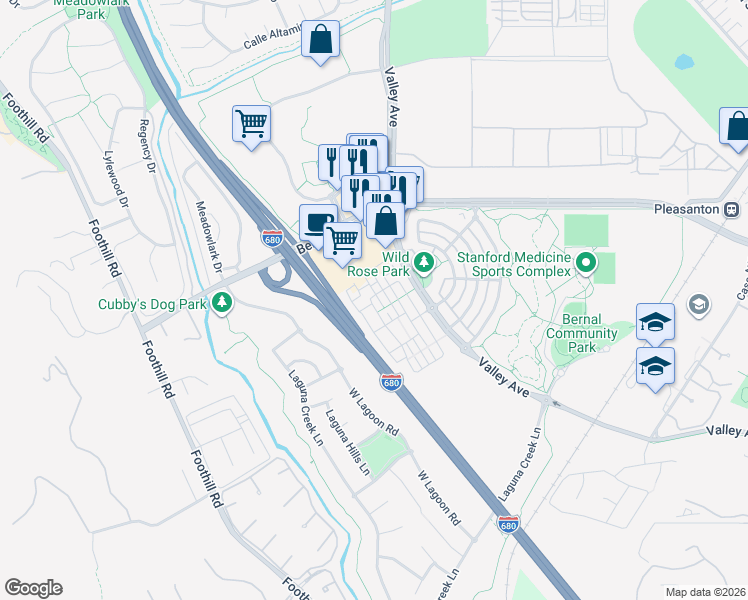map of restaurants, bars, coffee shops, grocery stores, and more near 1380 Brookline Loop in Pleasanton