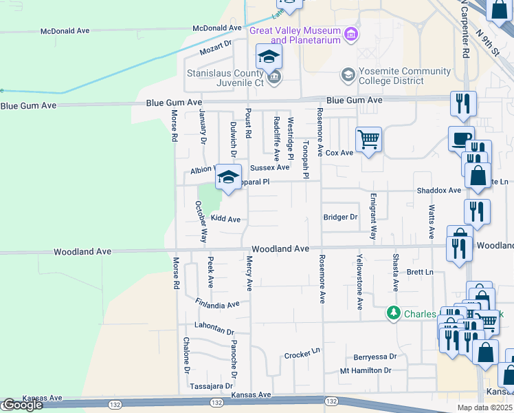 map of restaurants, bars, coffee shops, grocery stores, and more near 2425 Becker Court in Modesto