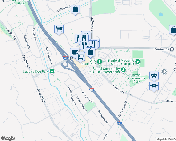 map of restaurants, bars, coffee shops, grocery stores, and more near 1380 Brookline Loop in Pleasanton