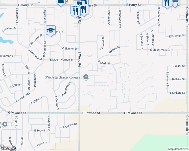 map of restaurants, bars, coffee shops, grocery stores, and more near 2130 South Webb Road in Wichita