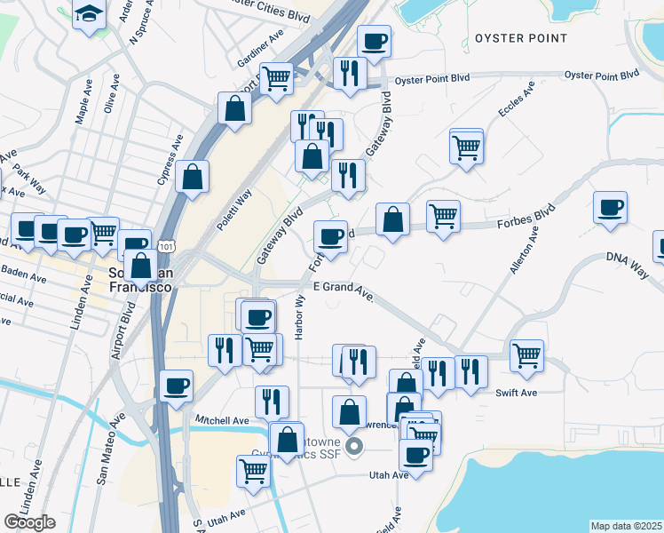 map of restaurants, bars, coffee shops, grocery stores, and more near 213 East Grand Avenue in South San Francisco