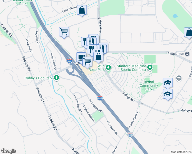 map of restaurants, bars, coffee shops, grocery stores, and more near 1356 Brookline Loop in Pleasanton