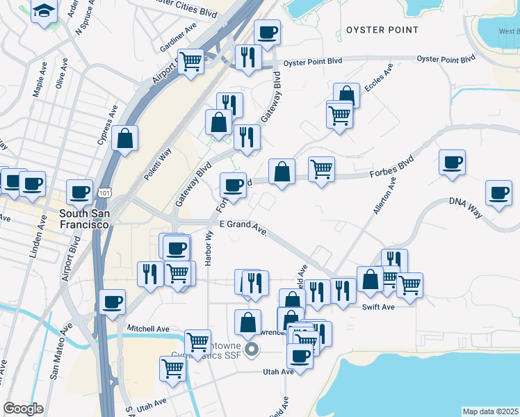 map of restaurants, bars, coffee shops, grocery stores, and more near 233 East Grand Avenue in South San Francisco