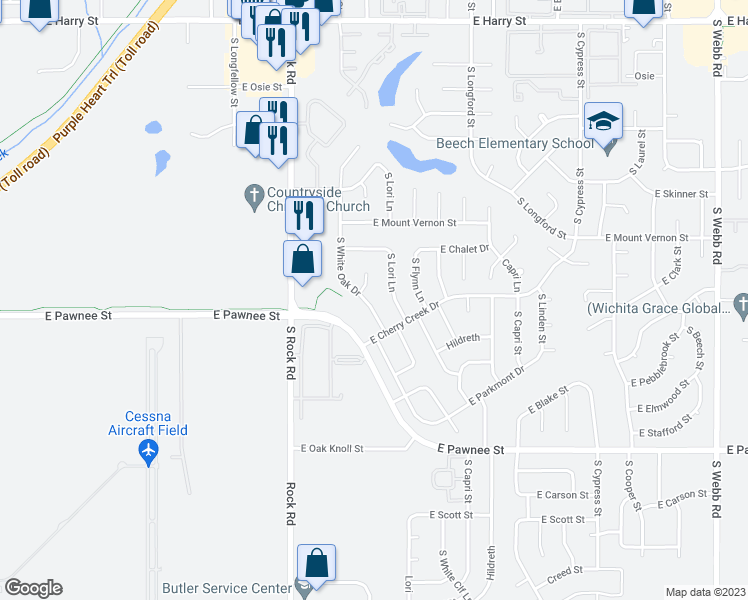 map of restaurants, bars, coffee shops, grocery stores, and more near 2144 South White Oak Drive in Wichita