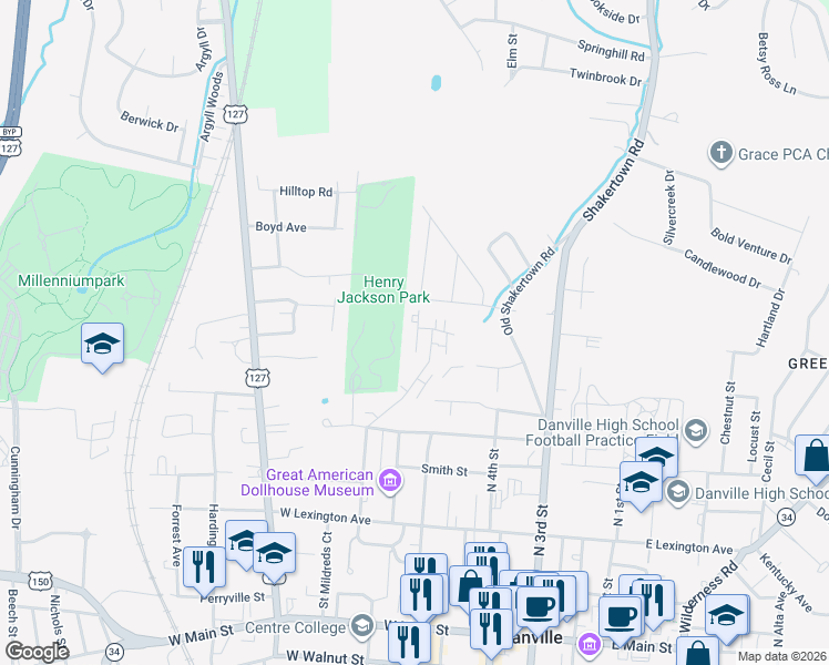 map of restaurants, bars, coffee shops, grocery stores, and more near 100 Shakerpoint Drive in Danville