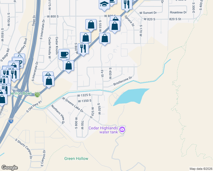 map of restaurants, bars, coffee shops, grocery stores, and more near 486 Bristlecone Drive in Cedar City