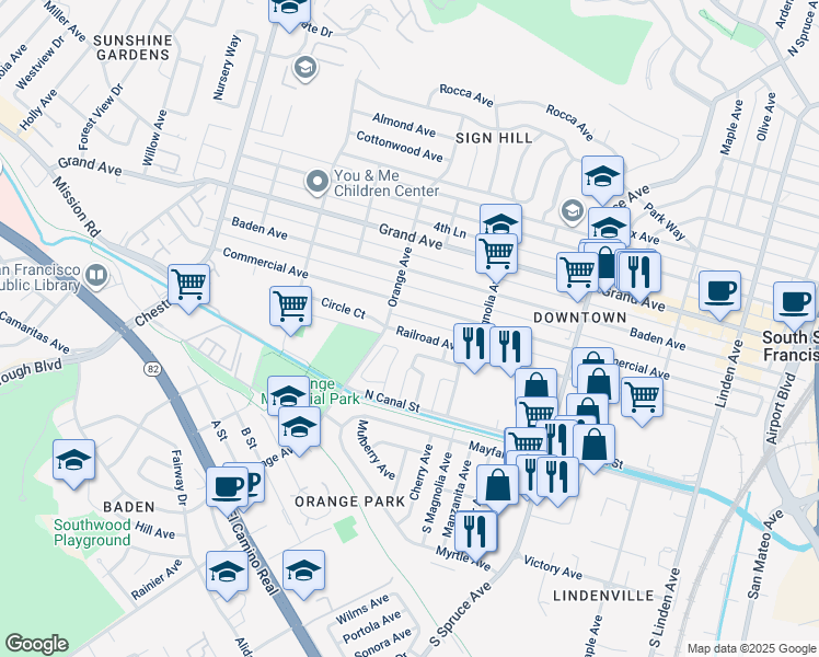 map of restaurants, bars, coffee shops, grocery stores, and more near 18 Idlewood Drive in South San Francisco