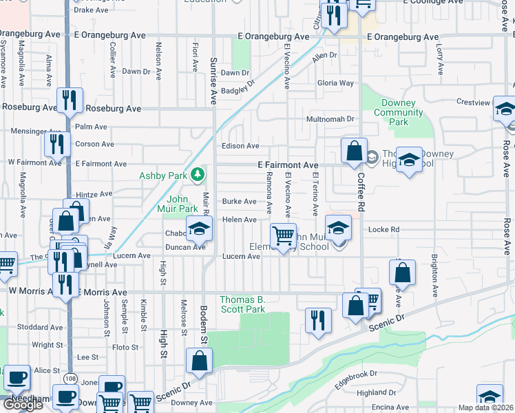 map of restaurants, bars, coffee shops, grocery stores, and more near 905 Helen Avenue in Modesto