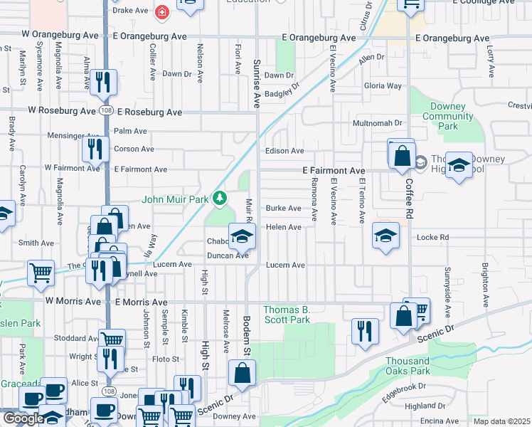 map of restaurants, bars, coffee shops, grocery stores, and more near 708 Burke Avenue in Modesto