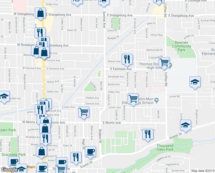 map of restaurants, bars, coffee shops, grocery stores, and more near 801 Helen Avenue in Modesto