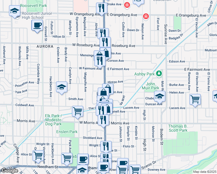 map of restaurants, bars, coffee shops, grocery stores, and more near 120 Helen Avenue in Modesto
