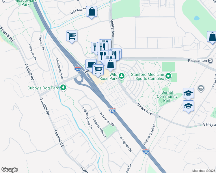 map of restaurants, bars, coffee shops, grocery stores, and more near 1356 Brookline Loop in Pleasanton