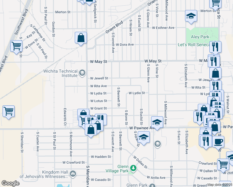 map of restaurants, bars, coffee shops, grocery stores, and more near 2210 South Bennett Street in Wichita
