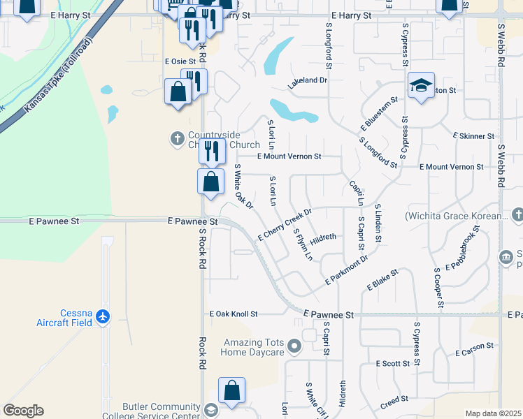 map of restaurants, bars, coffee shops, grocery stores, and more near 2142 South White Oak Drive in Wichita