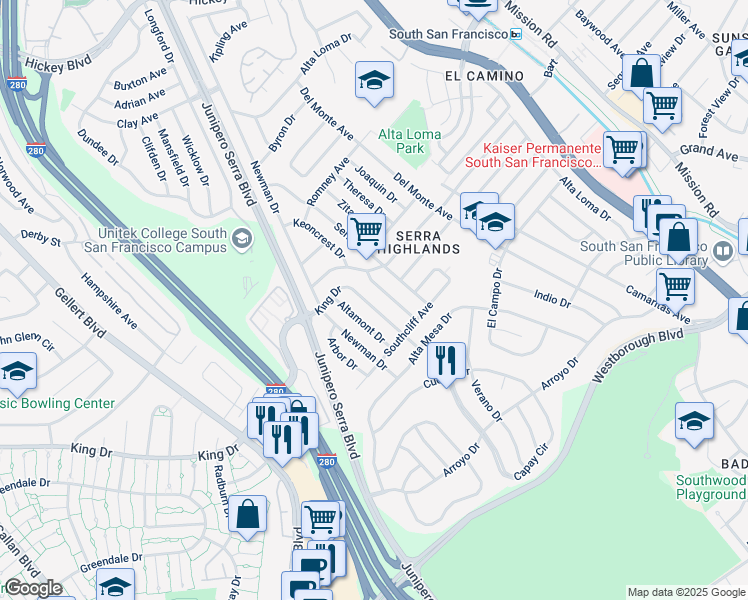 map of restaurants, bars, coffee shops, grocery stores, and more near 327 King Drive in South San Francisco