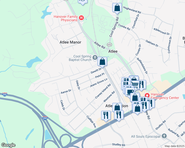map of restaurants, bars, coffee shops, grocery stores, and more near 9191 Harvey Hollow Drive in Mechanicsville