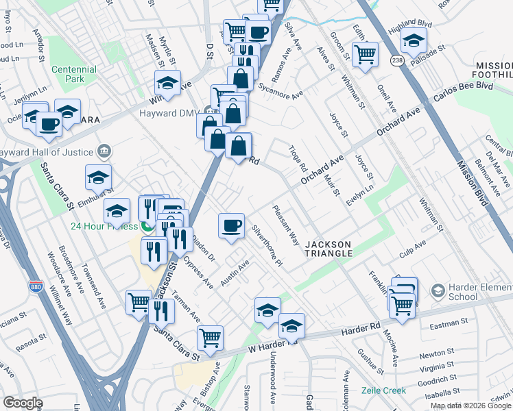 map of restaurants, bars, coffee shops, grocery stores, and more near 24914 Silverthorne Place in Hayward