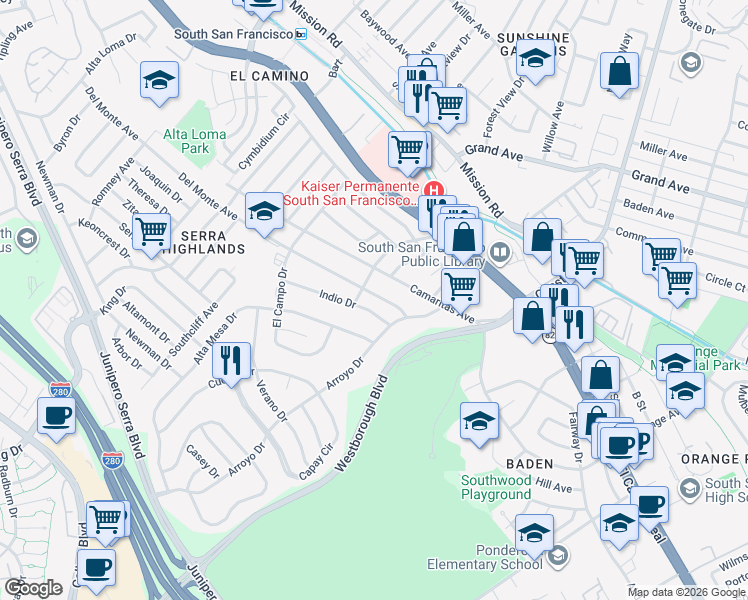 map of restaurants, bars, coffee shops, grocery stores, and more near 103 Indio Drive in South San Francisco