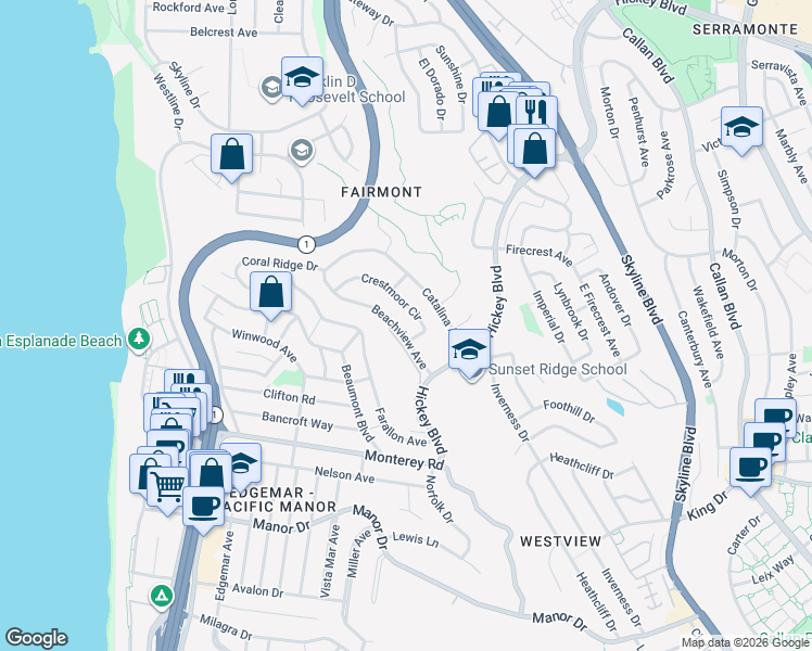 map of restaurants, bars, coffee shops, grocery stores, and more near 272 Beachview Avenue in Pacifica
