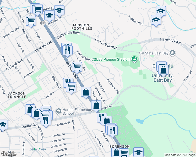 map of restaurants, bars, coffee shops, grocery stores, and more near 25738 Spring Drive in Hayward