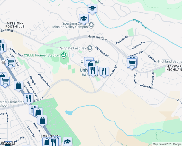 map of restaurants, bars, coffee shops, grocery stores, and more near 25976 Carlos Bee Boulevard in Hayward