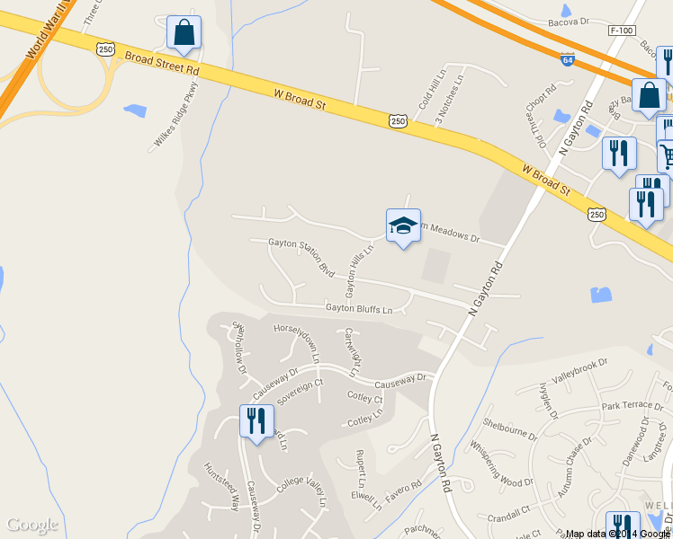 map of restaurants, bars, coffee shops, grocery stores, and more near 12408 Gayton Station Boulevard in Henrico