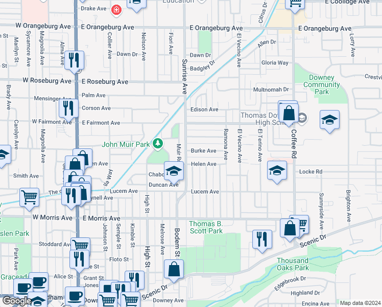 map of restaurants, bars, coffee shops, grocery stores, and more near 706 Burke Avenue in Modesto