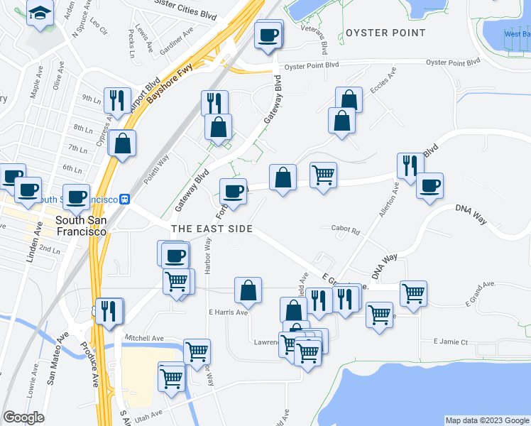 map of restaurants, bars, coffee shops, grocery stores, and more near 328 Roebling Road in South San Francisco