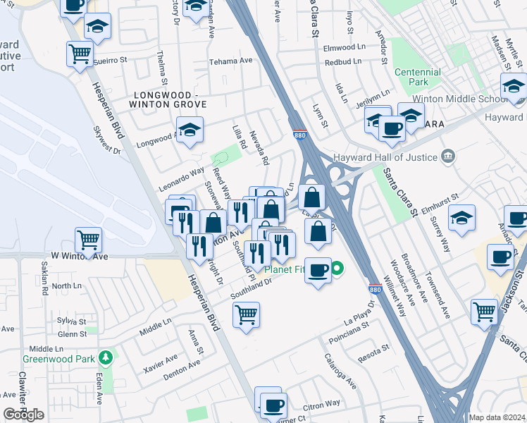 map of restaurants, bars, coffee shops, grocery stores, and more near 756 Bluefield Lane in Hayward