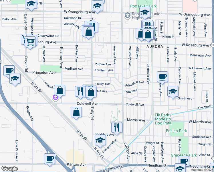 map of restaurants, bars, coffee shops, grocery stores, and more near 808 Notre Dame Avenue in Modesto