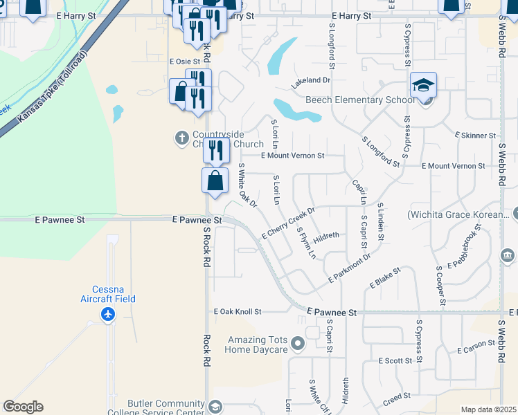 map of restaurants, bars, coffee shops, grocery stores, and more near 2140 South White Oak Circle in Wichita