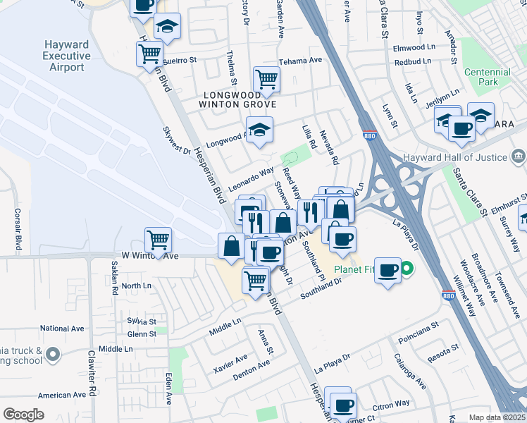 map of restaurants, bars, coffee shops, grocery stores, and more near 23518 Wright Drive in Hayward