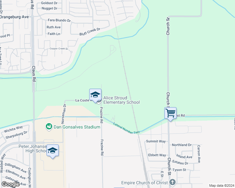 map of restaurants, bars, coffee shops, grocery stores, and more near 1012 Frazine Road in Modesto