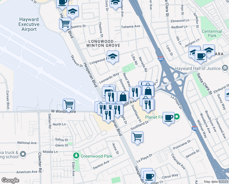 map of restaurants, bars, coffee shops, grocery stores, and more near 23518 Wright Drive in Hayward
