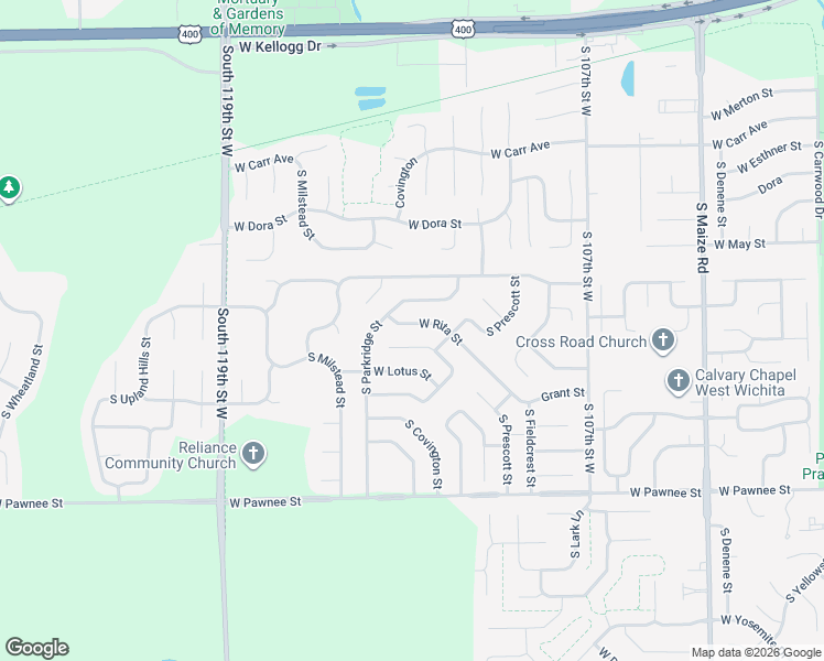 map of restaurants, bars, coffee shops, grocery stores, and more near 2034 South Parkridge Street in Wichita