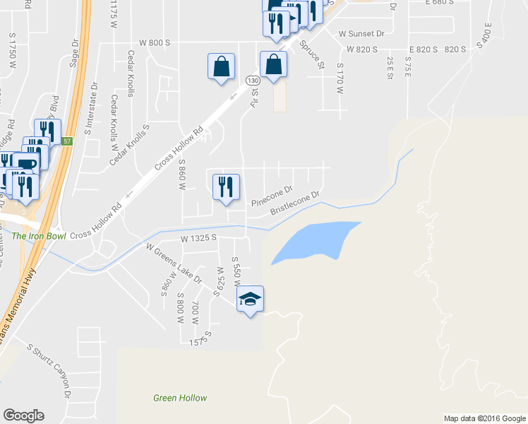 map of restaurants, bars, coffee shops, grocery stores, and more near 423 Pinecone Drive in Cedar City